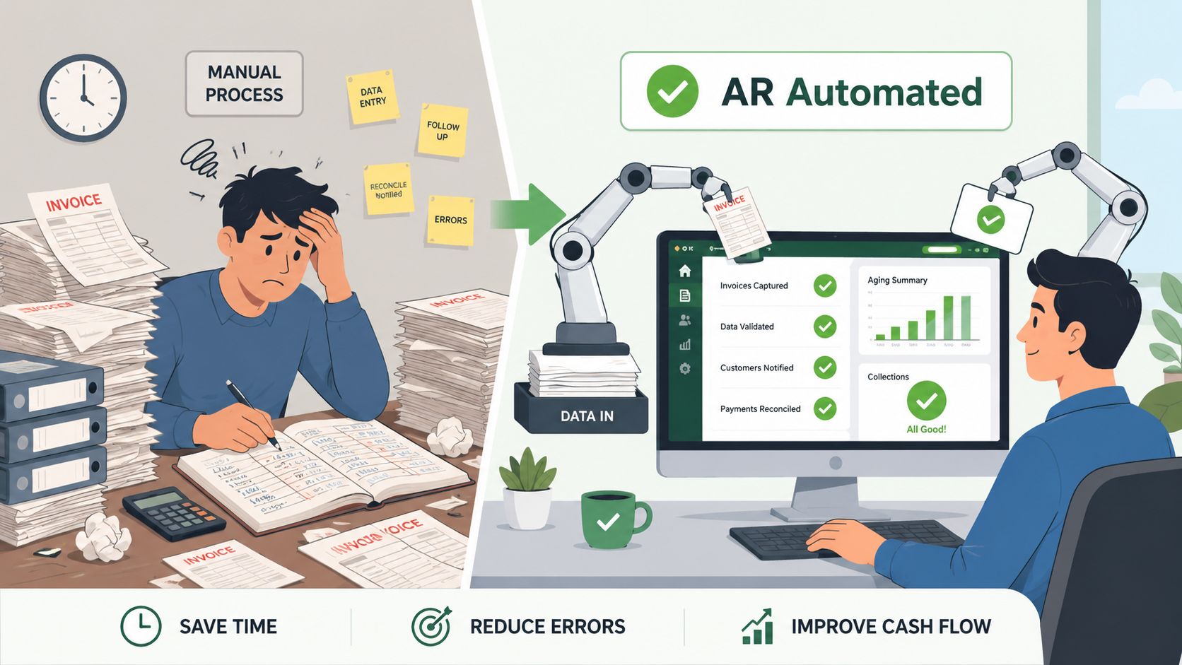 A comparison showing a stressed accountant processing manual invoices versus a relaxed professional using automated software.