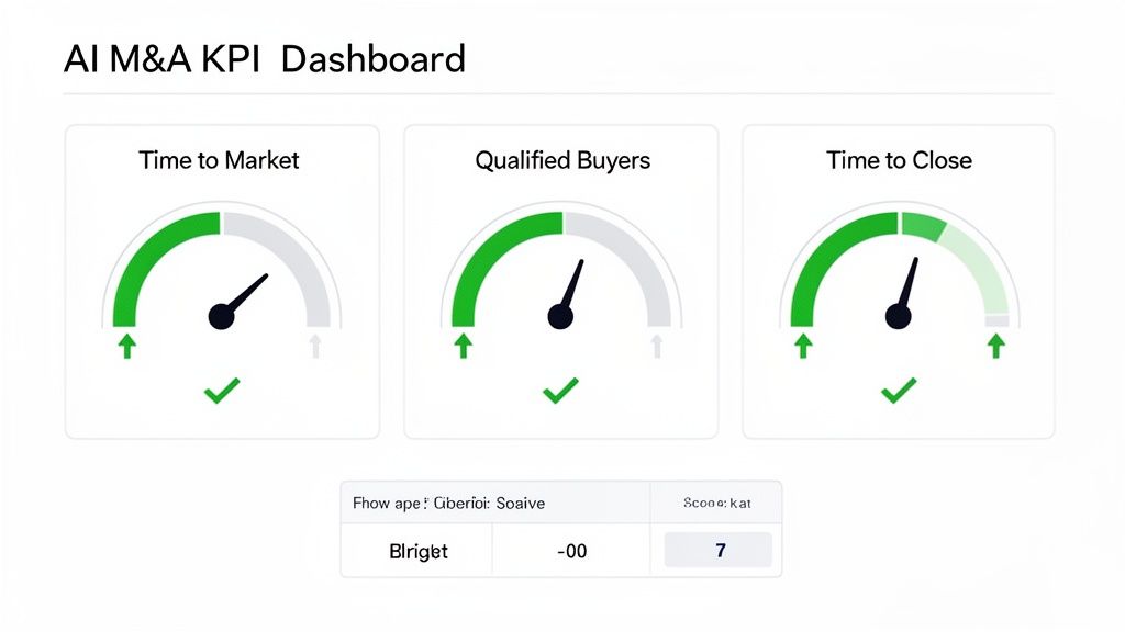 AI M&A KPI dashboard displaying three gauges for time to market, qualified buyers, and time to close.