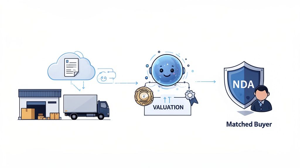 Workflow diagram of asset valuation: warehouse data to cloud, AI processing, leading to matched buyer with NDA.