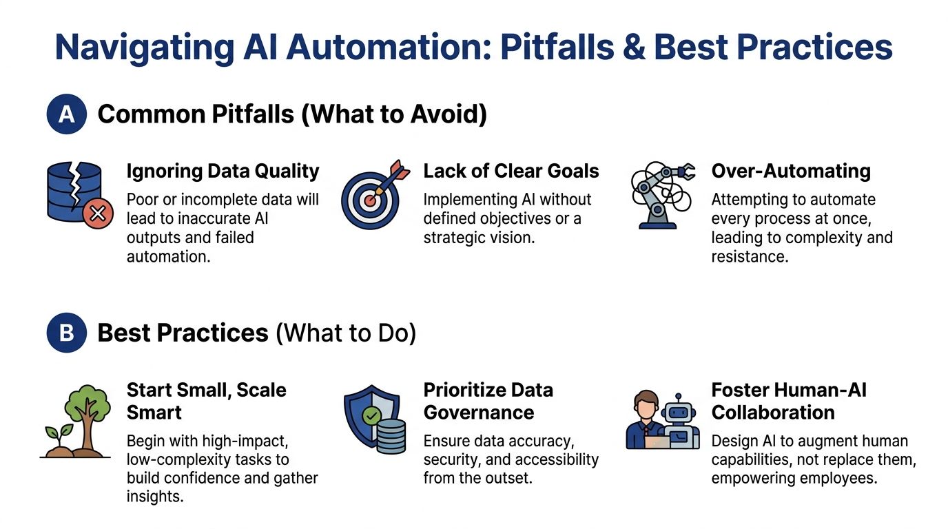 An infographic titled Navigating AI Automation detailing common pitfalls to avoid and best practices to follow.
