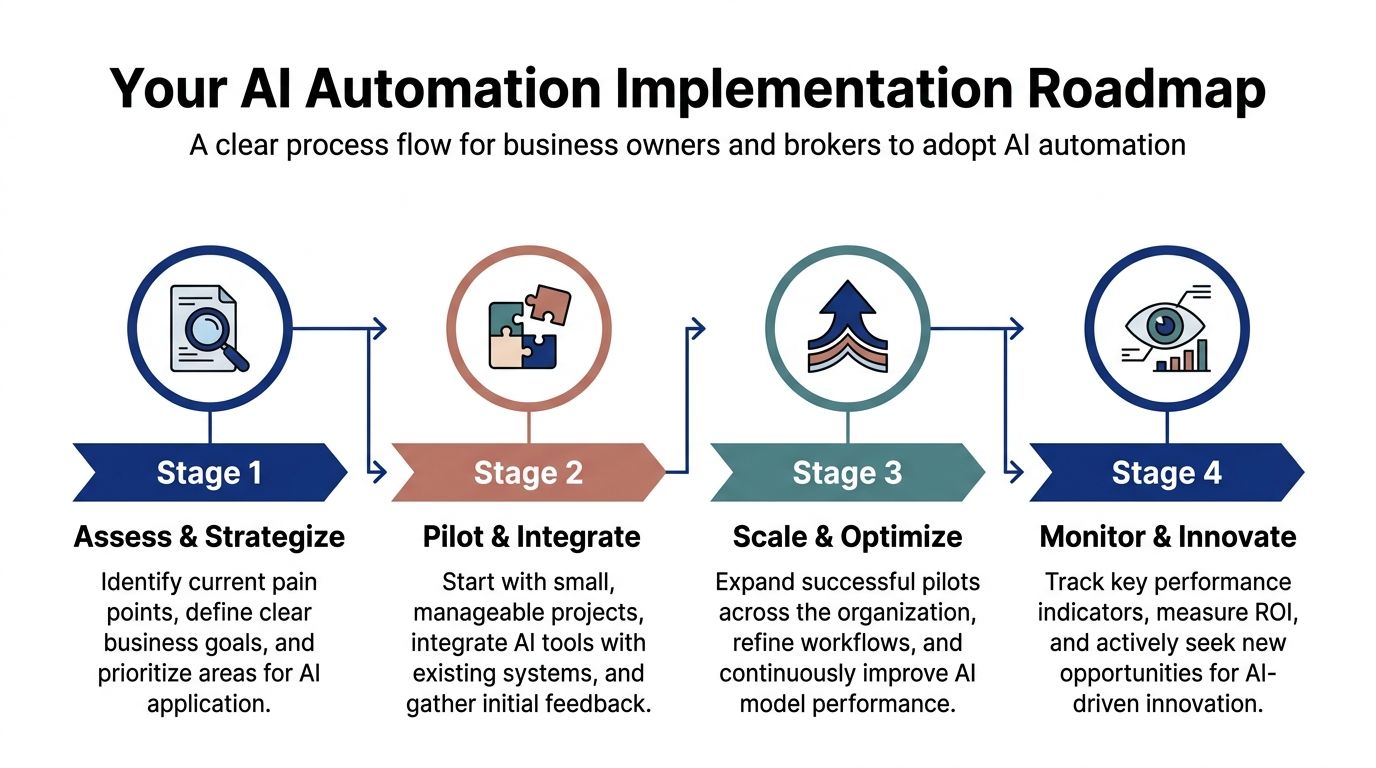 A flowchart diagram illustrating a four-stage roadmap for implementing AI automation in business and brokerage.