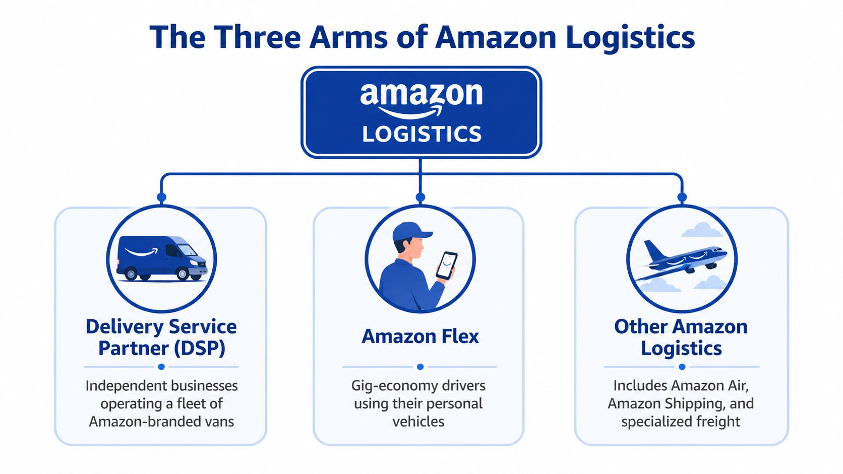 An infographic titled The Three Arms of Amazon Logistics illustrating DSP, Amazon Flex, and Other Amazon Logistics services.