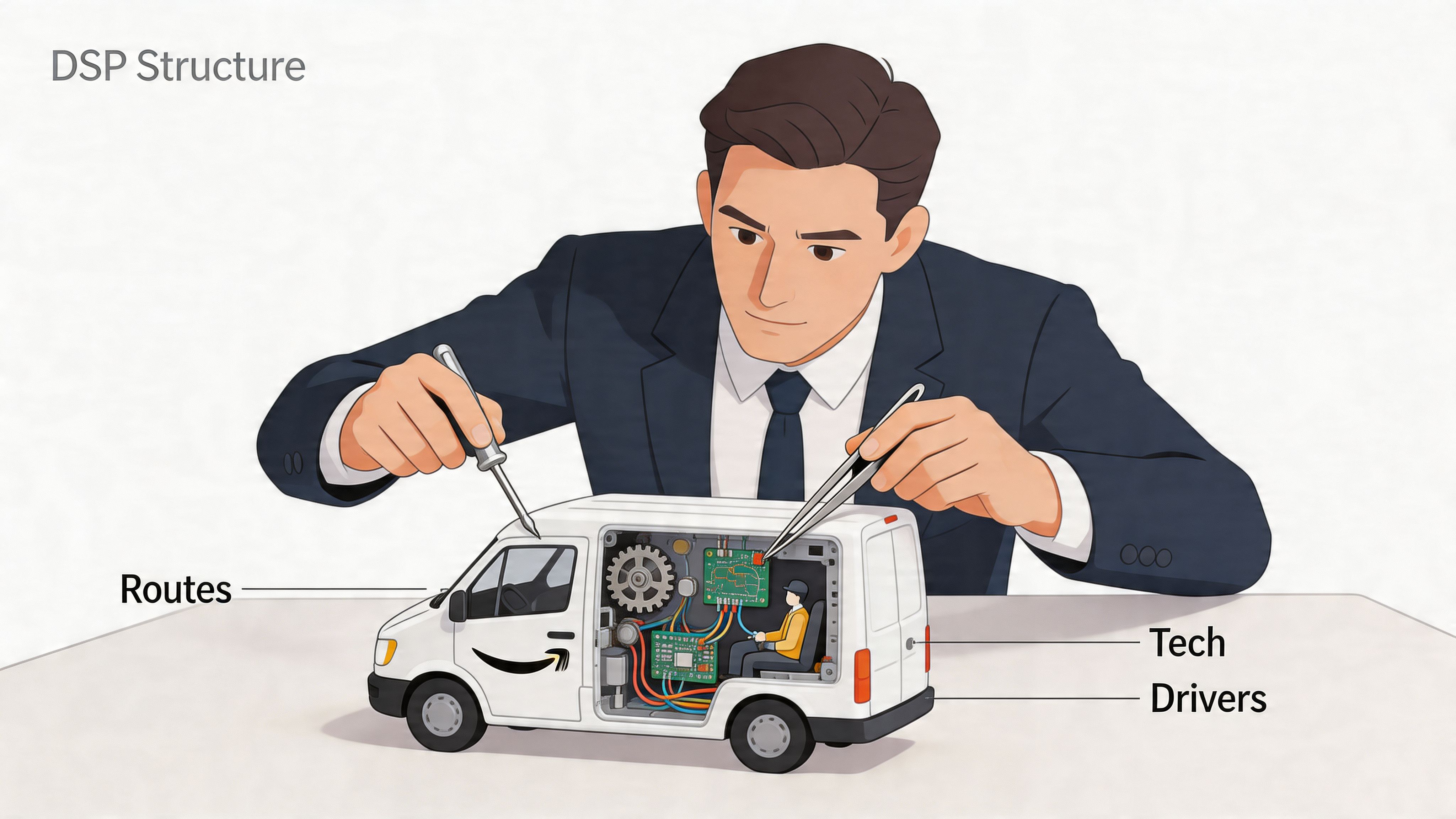 A man in a suit adjusting components of an Amazon delivery van model with tools.