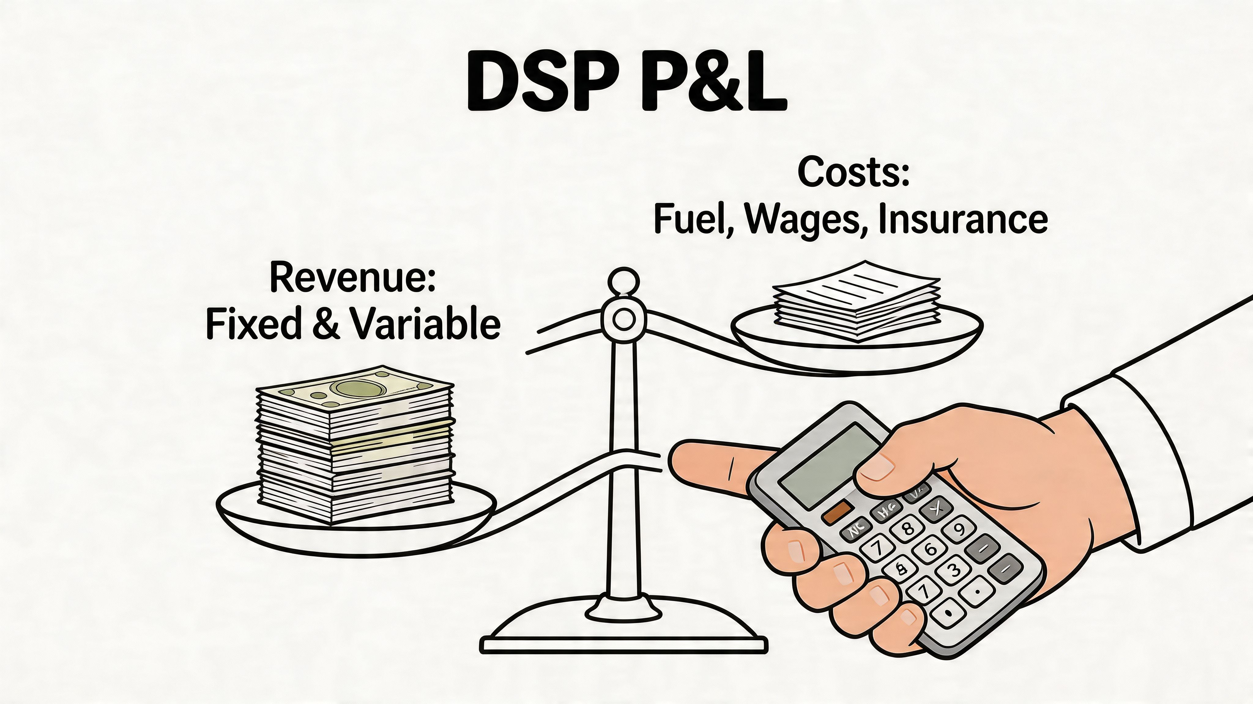 A diagram illustrating a balance scale weighing DSP revenue against delivery business operating costs using a calculator.