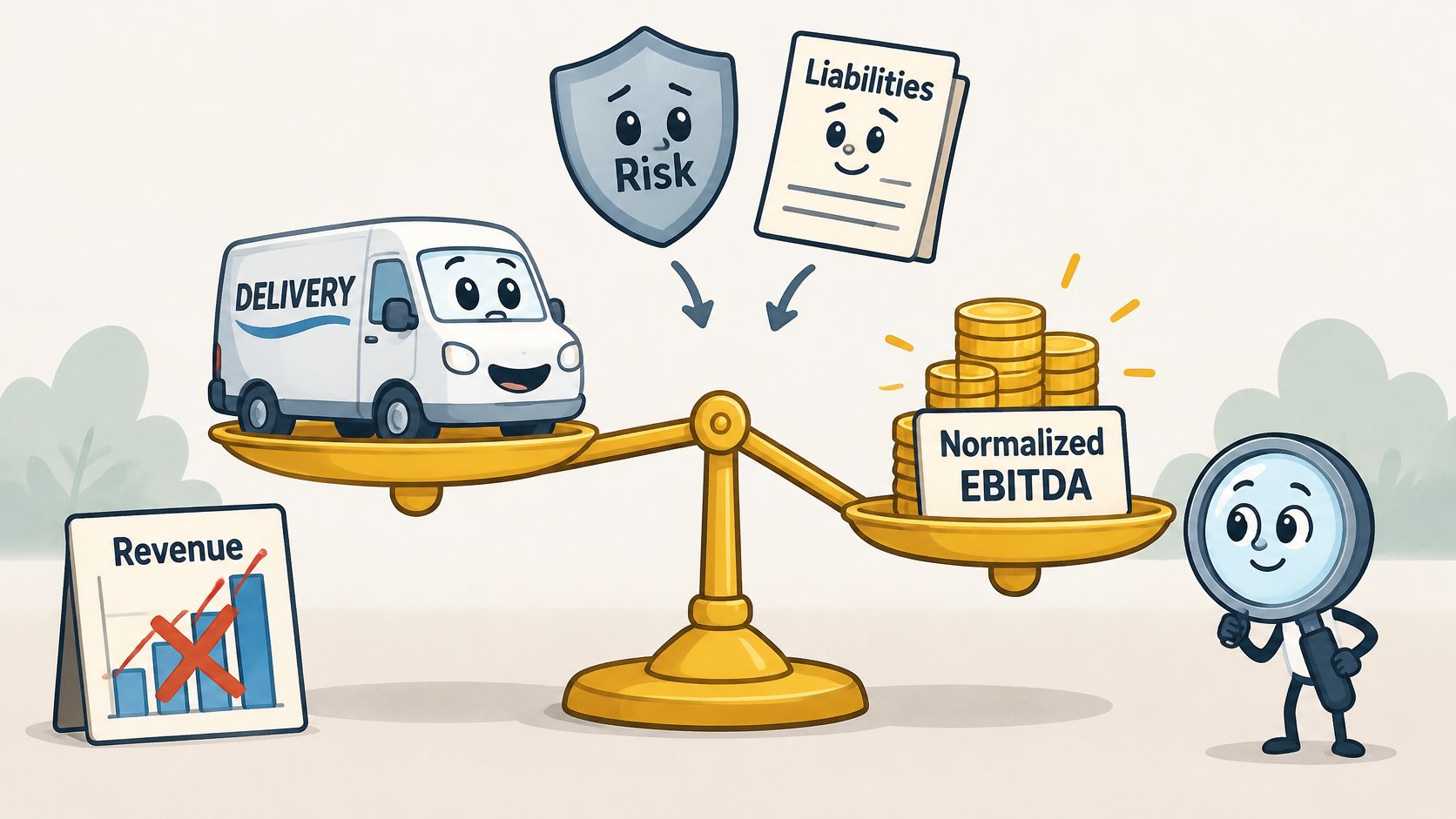 A conceptual illustration of a scale balancing a delivery van against coins labeled Normalized EBITDA with risk factors.