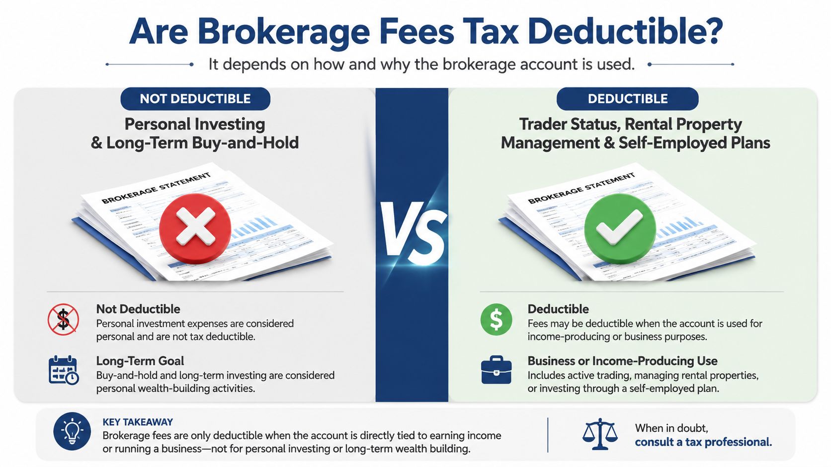 A comparison chart explaining whether brokerage fees are tax-deductible for personal investing versus business and trader activities.