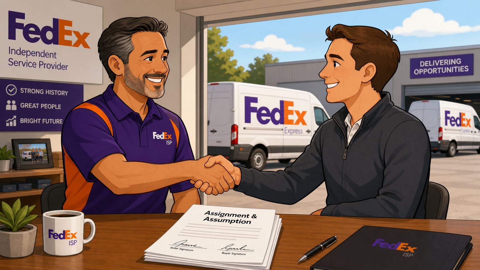 A professional handshake between two businessmen in a FedEx office signing an assignment and assumption agreement.
