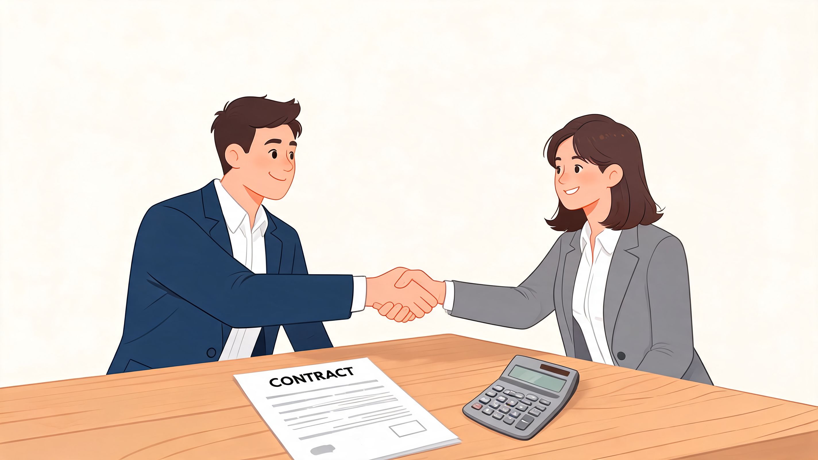 A professional man and woman in business attire shaking hands over a contract and a calculator.