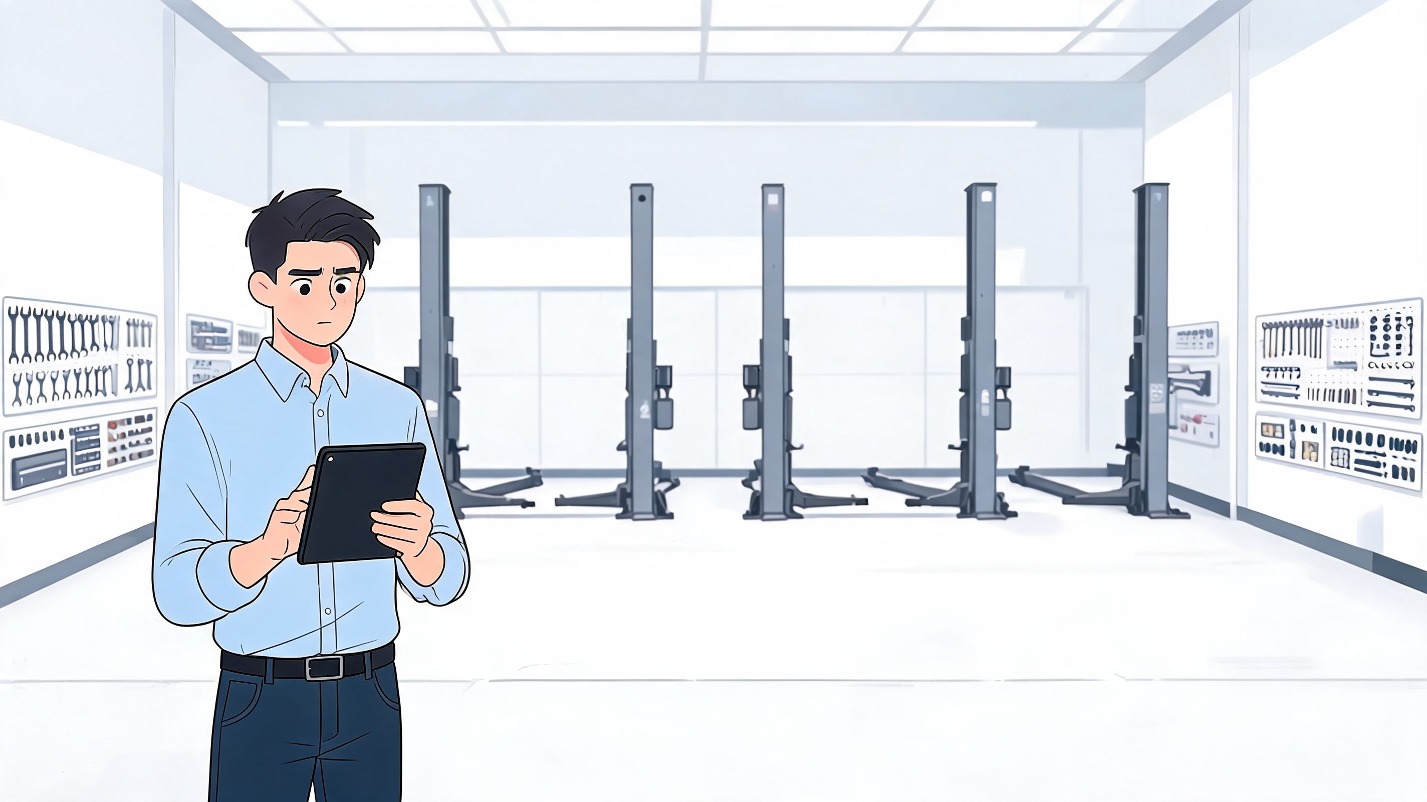 A professional mechanic in a bright auto repair shop using a digital tablet to manage maintenance work.