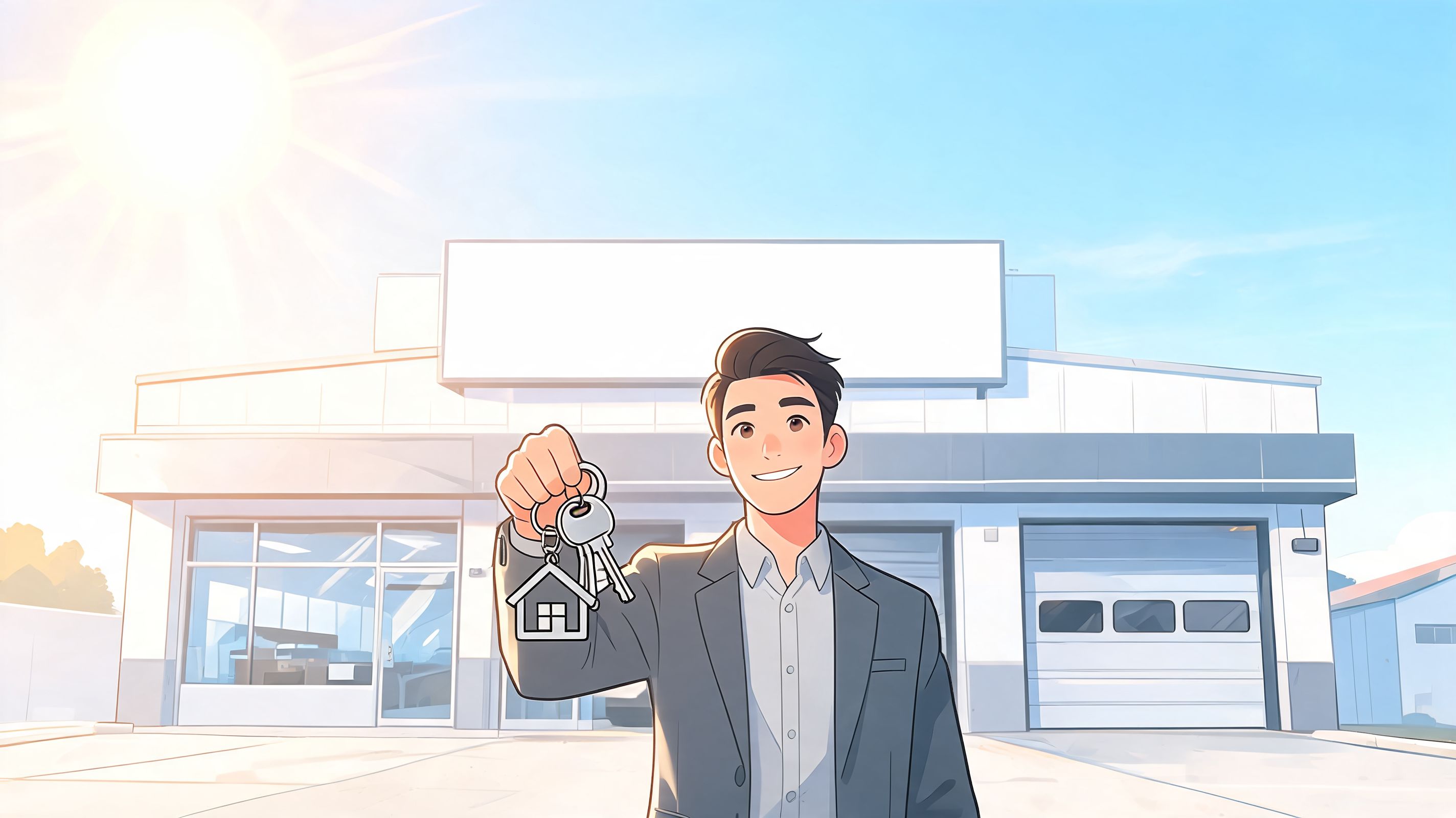 A friendly businessman holding up house keys in front of a commercial auto repair building for sale.
