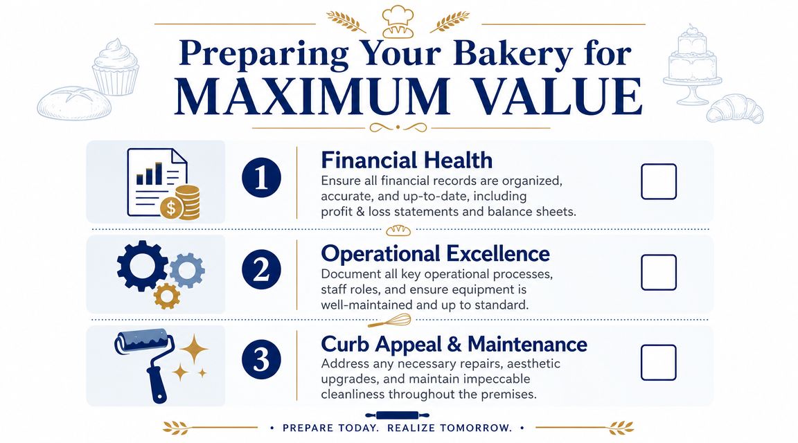 A checklist infographic titled Preparing Your Bakery for Maximum Value, outlining financial, operational, and maintenance tips.