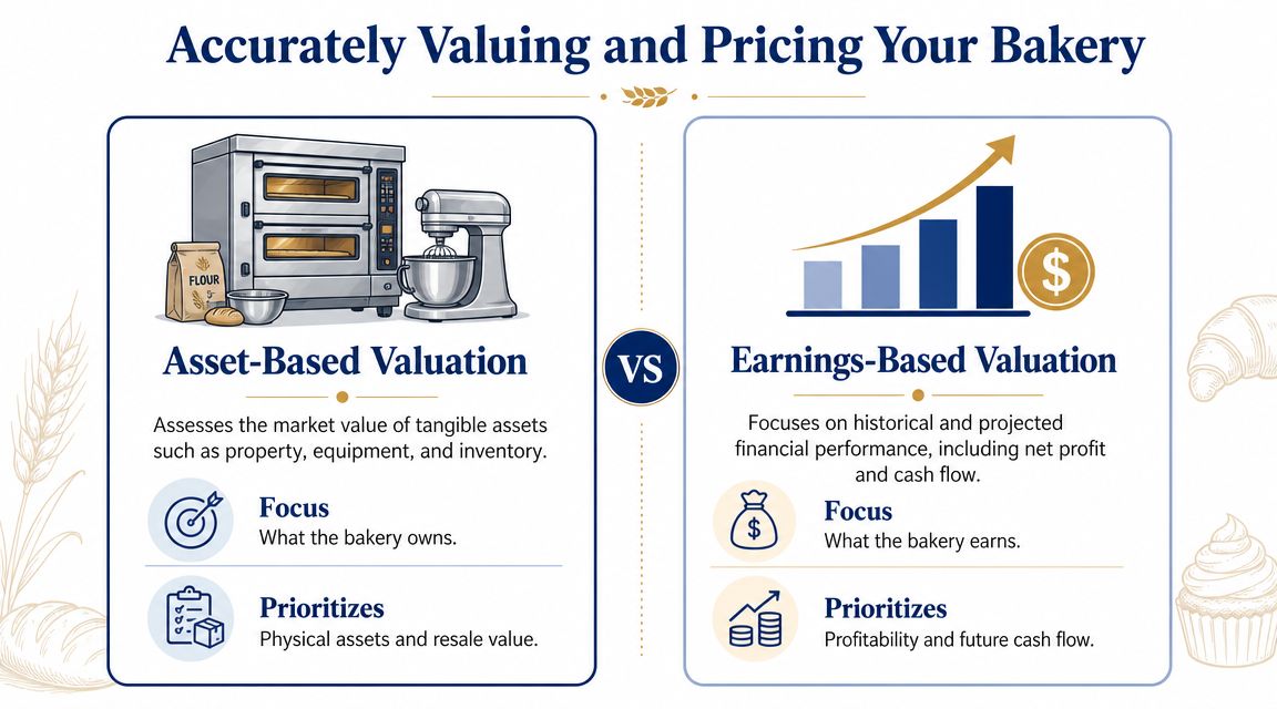 An infographic comparing asset-based valuation and earnings-based valuation methods for selling a bakery business.