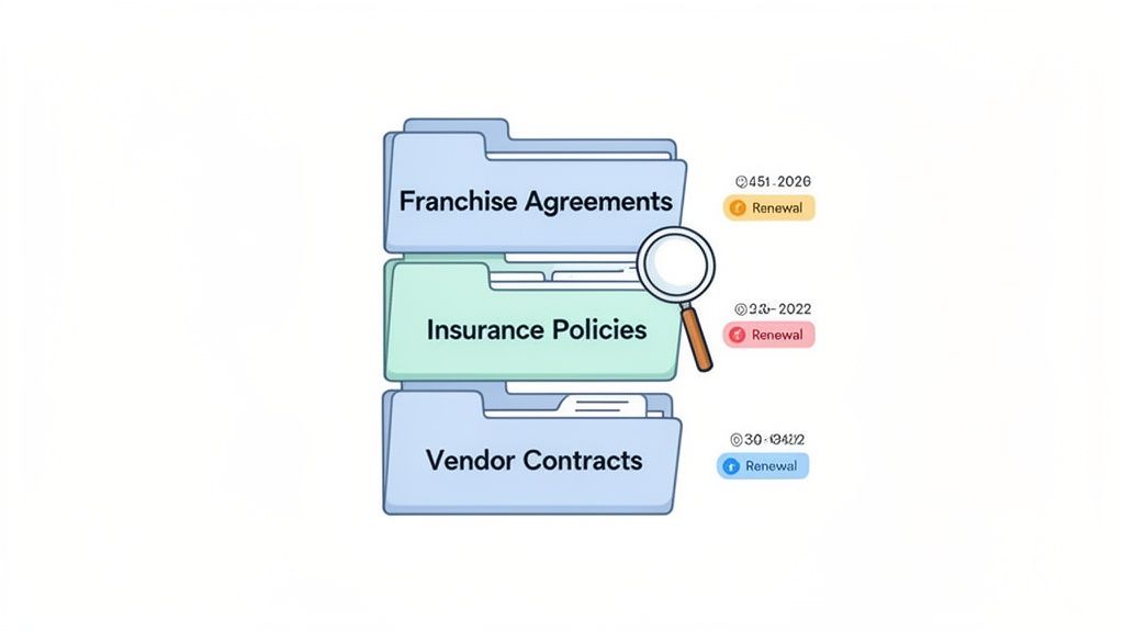 Three file folders illustrating contract management: Franchise Agreements, Insurance Policies, and Vendor Contracts, with renewal reminders.