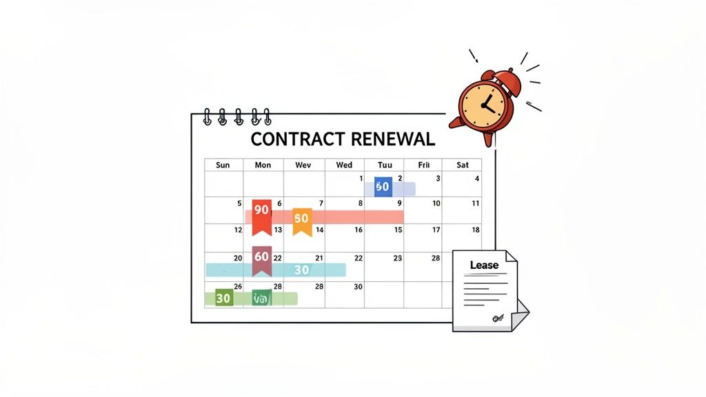 A calendar showing contract renewal deadlines with an alarm clock and a lease document.