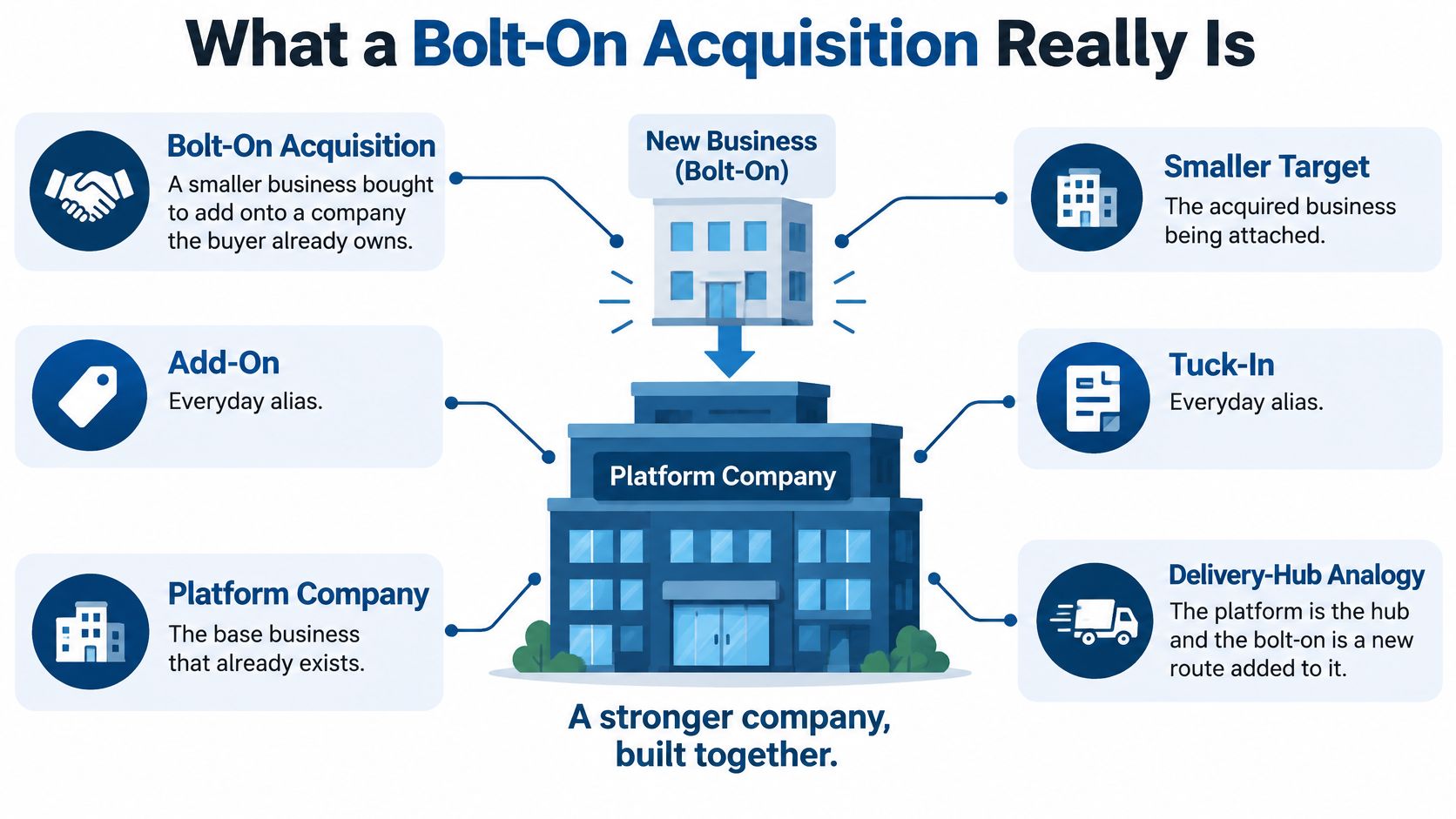 A diagram explaining bolt-on acquisitions by showing a small business added to a larger platform company.