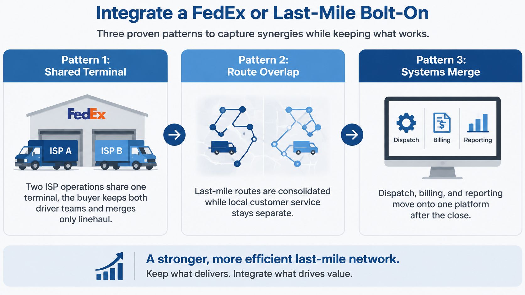 A diagram illustrating three strategic integration patterns for FedEx or last-mile bolt-on acquisitions.