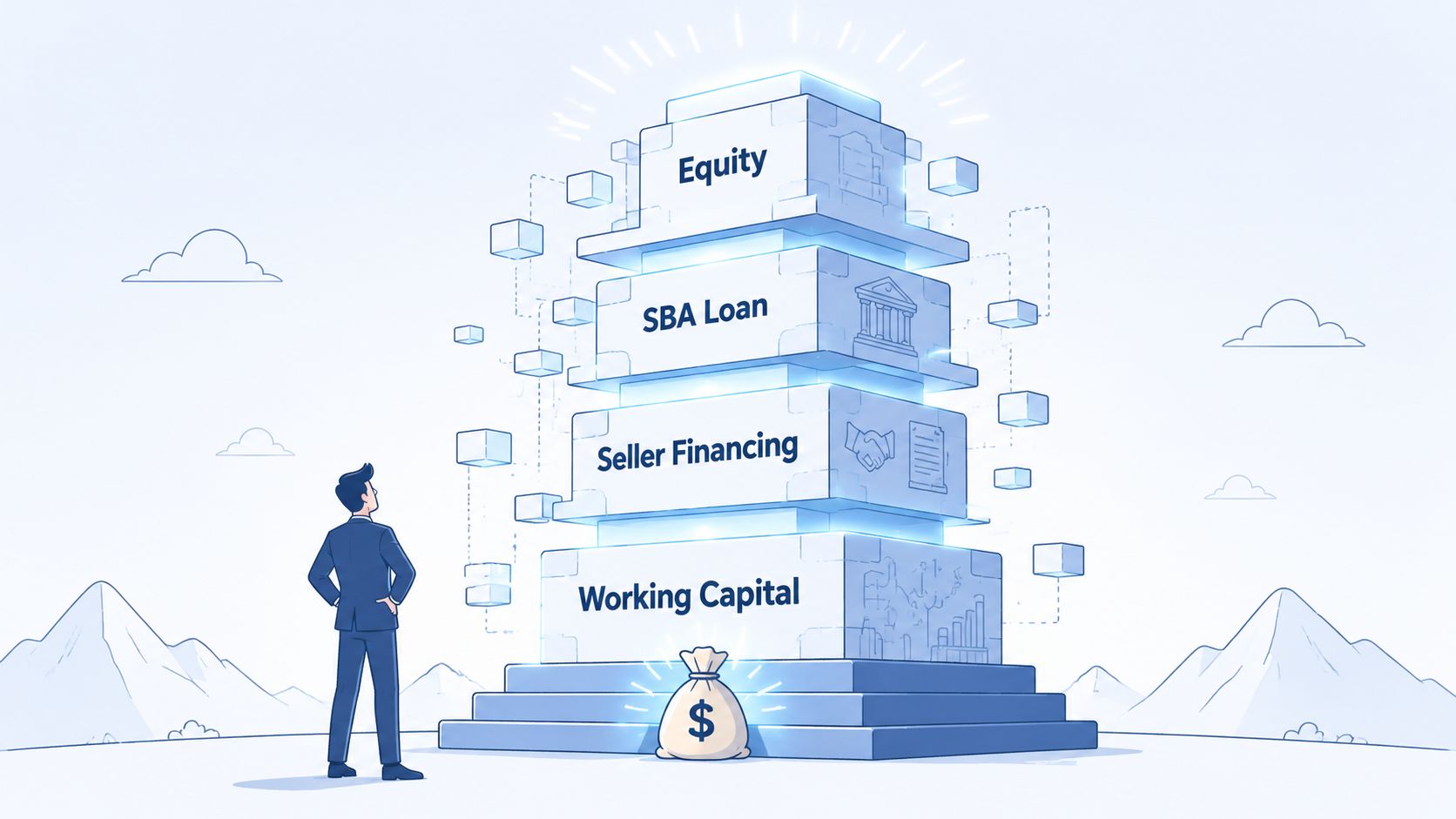 A businessman looking at a glowing stack of financial components representing business acquisition funding and capital structures.