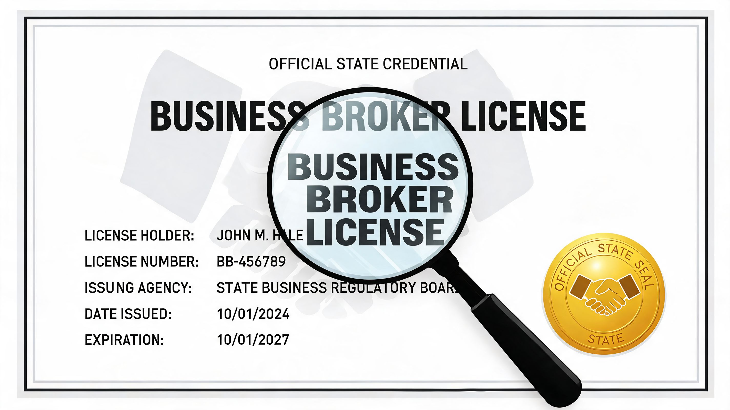 A professional business broker license certificate with a magnifying glass held over the title text.