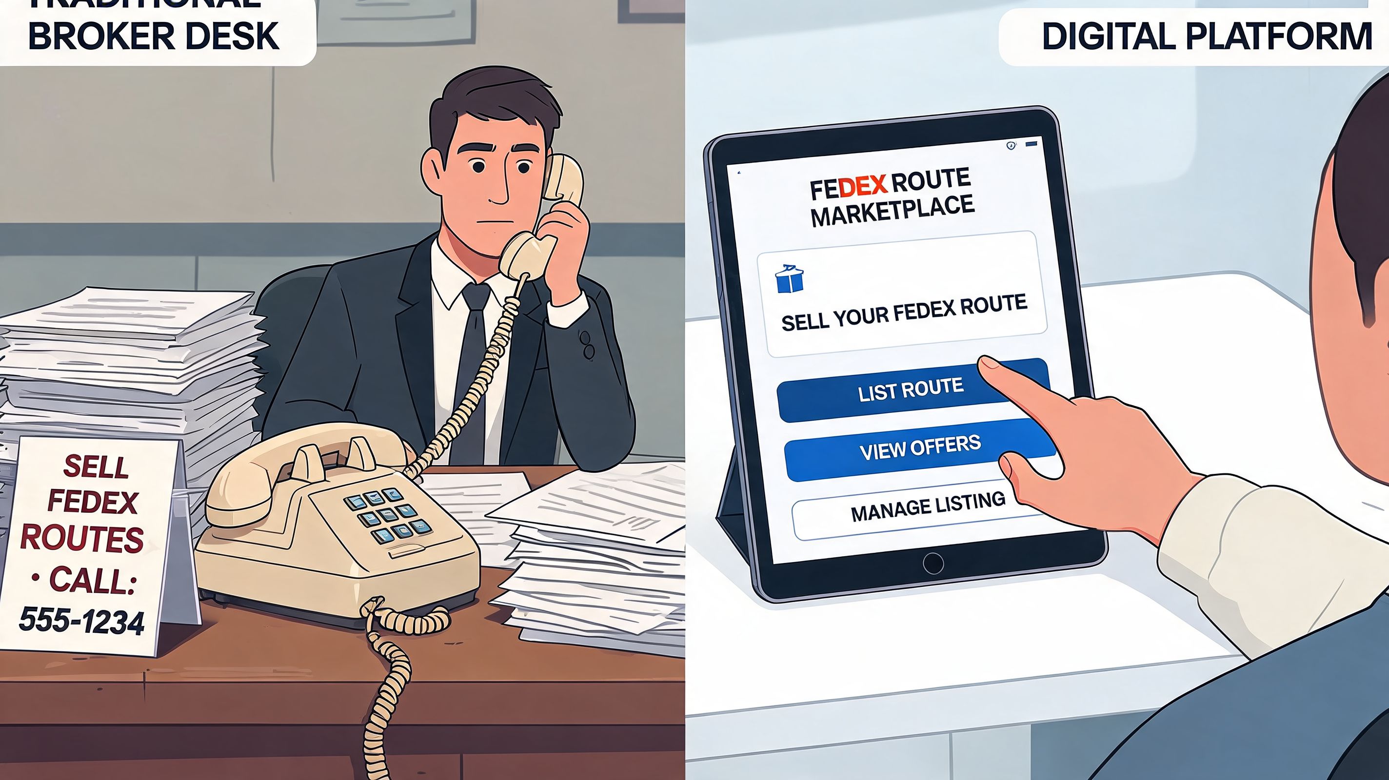 A comparison showing a traditional broker using a phone versus a digital platform for route sales.