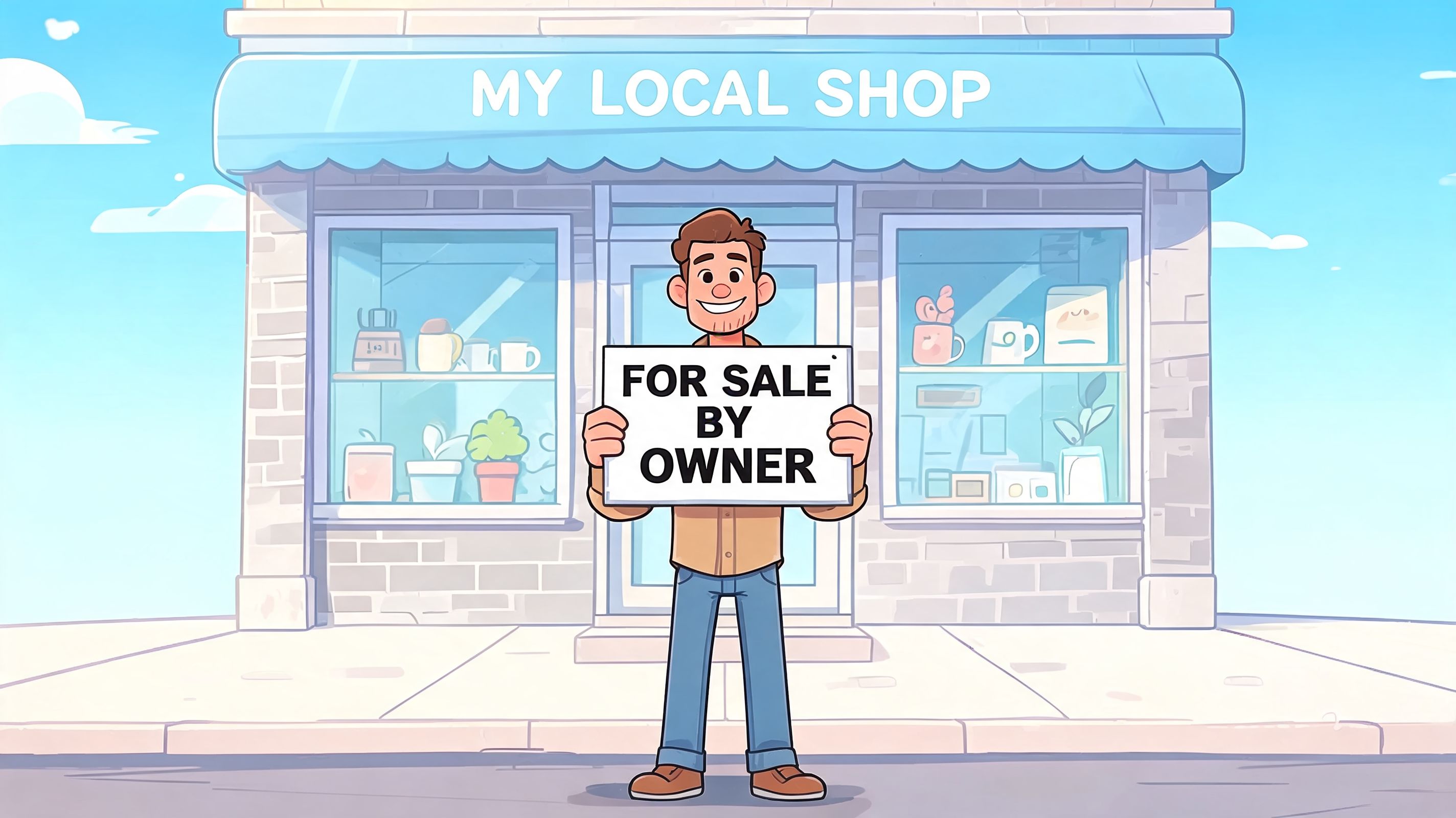 A friendly business owner stands in front of their local shop holding a for sale by owner sign.