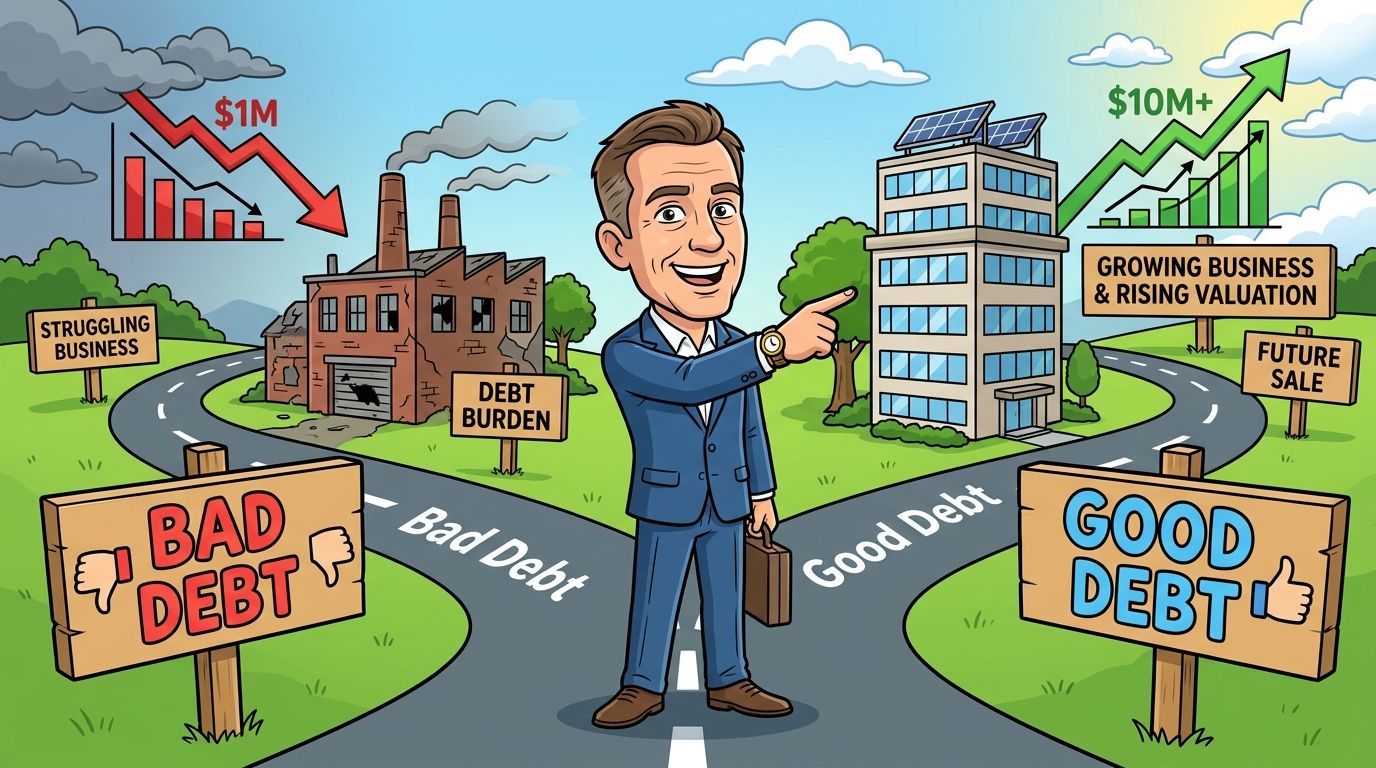 A cartoon businessman choosing between paths representing bad debt and good debt for business growth.