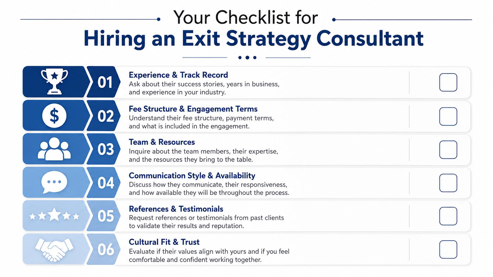 A checklist for hiring an exit strategy consultant with six key criteria for business owners to consider.