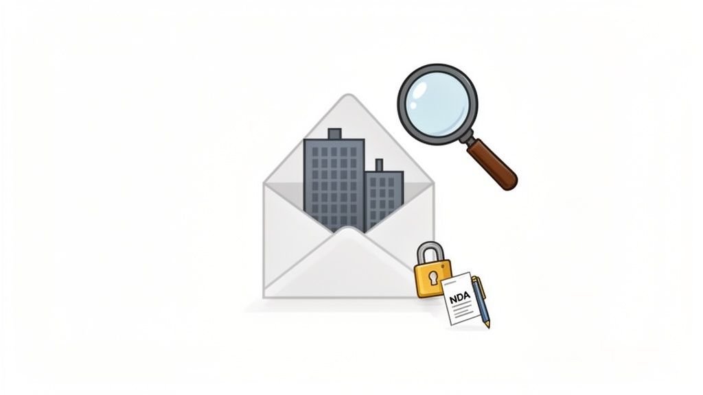 Illustration of business acquisition and due diligence: an envelope containing buildings, with a magnifying glass, padlock, NDA, and pen.