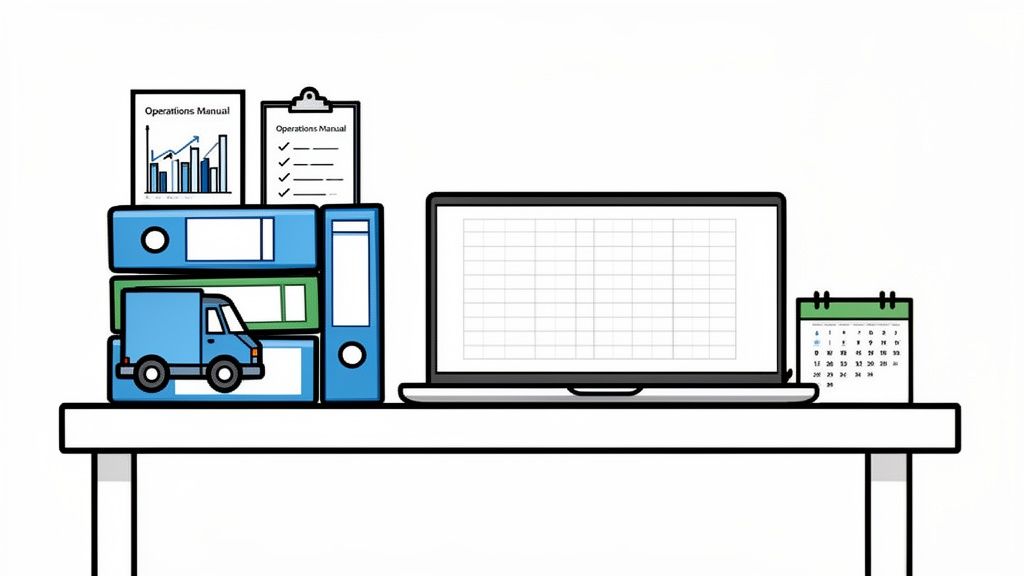 An organized business desk with operations manuals, files, a delivery truck, laptop, and calendar.