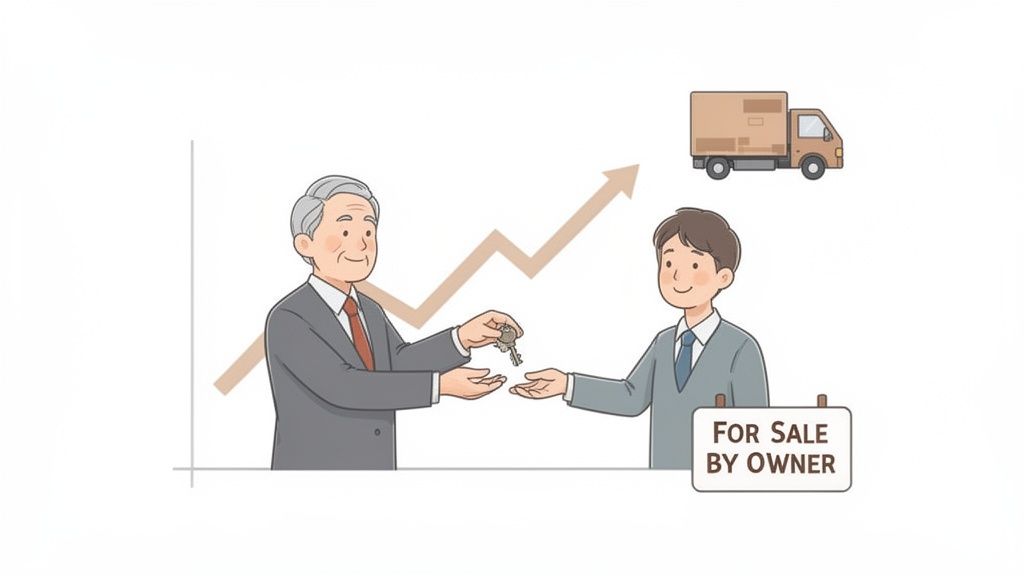 An older man hands business keys to a younger buyer, with a 'for sale by owner' sign.