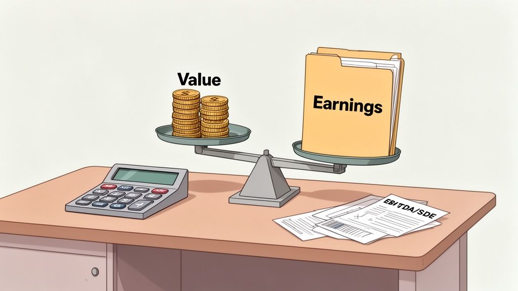 A balance scale illustrates "Value" (coins) and "Earnings" (folder), with a calculator and financial papers.