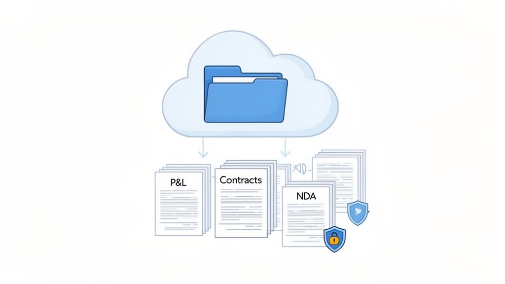 Cloud storage system organizing P&L, Contracts, and NDA business documents with security protection.