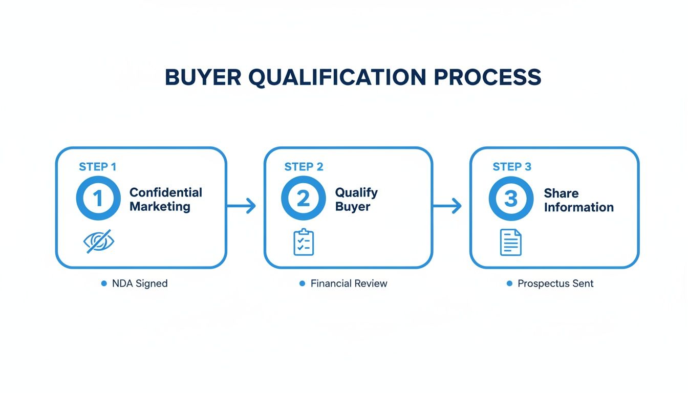 A three-step buyer qualification process flowchart, including confidential marketing, buyer qualification, and information sharing.
