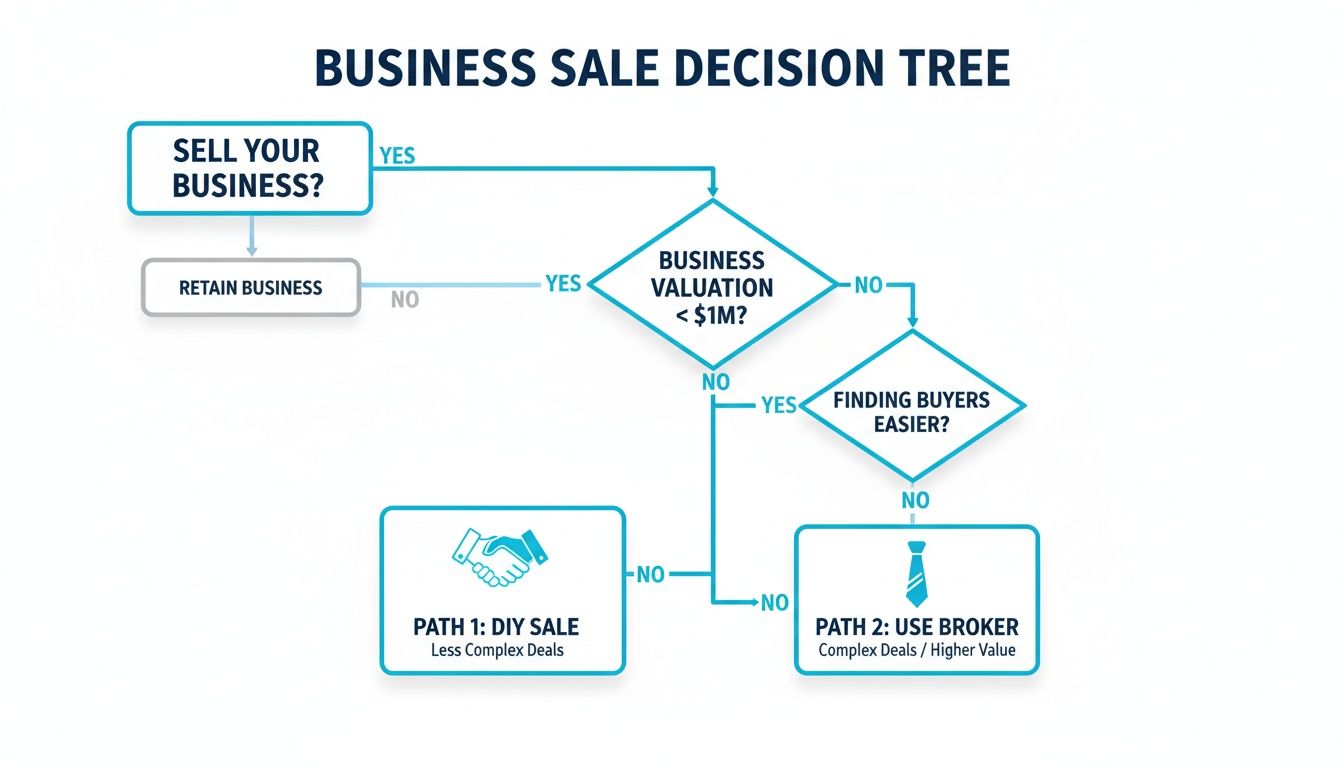 A decision tree flowchart illustrating the steps for selling a business, guiding choices based on valuation and buyer ease.