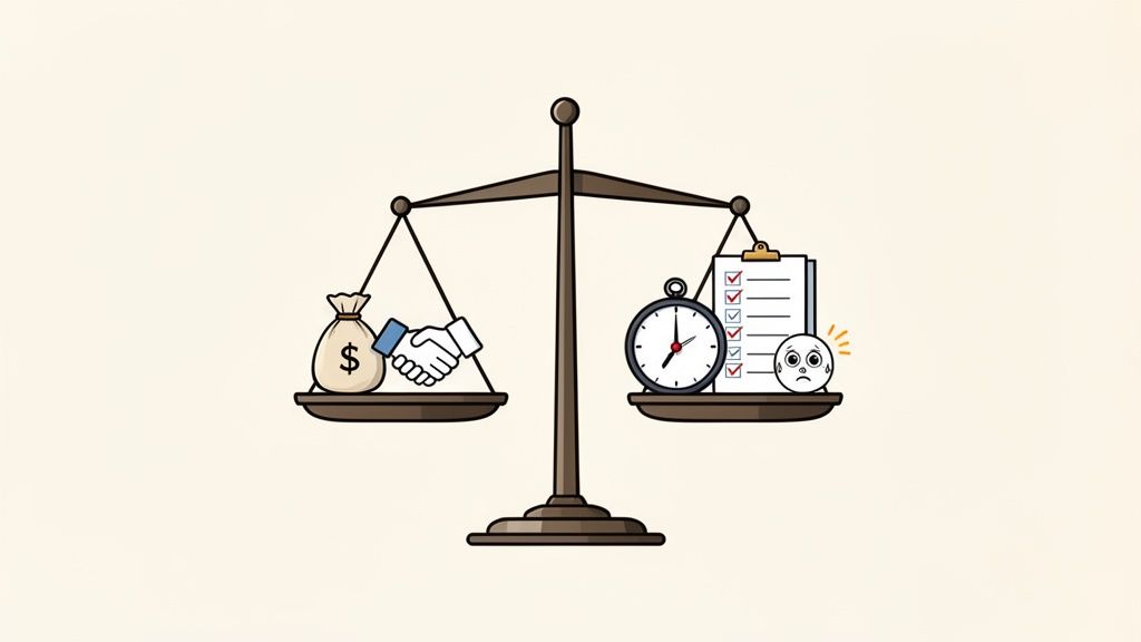 A balance scale weighing a money bag and handshake against a clock, checklist, and stressed face.