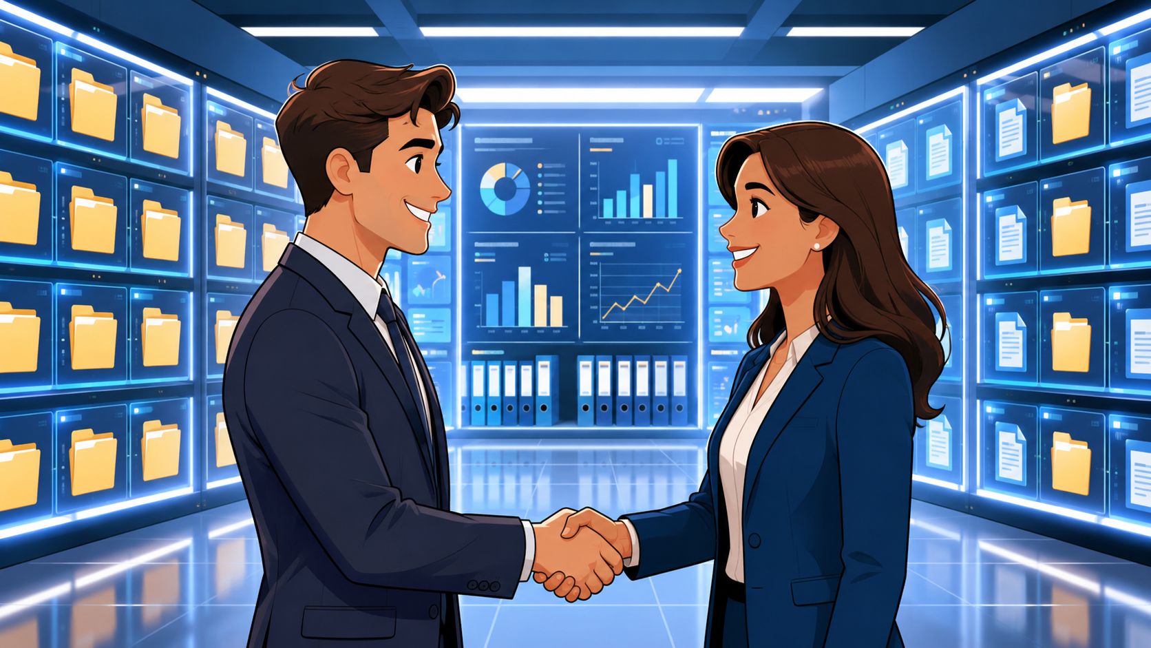 A professional man and woman in business suits shaking hands in a modern digital data center office.
