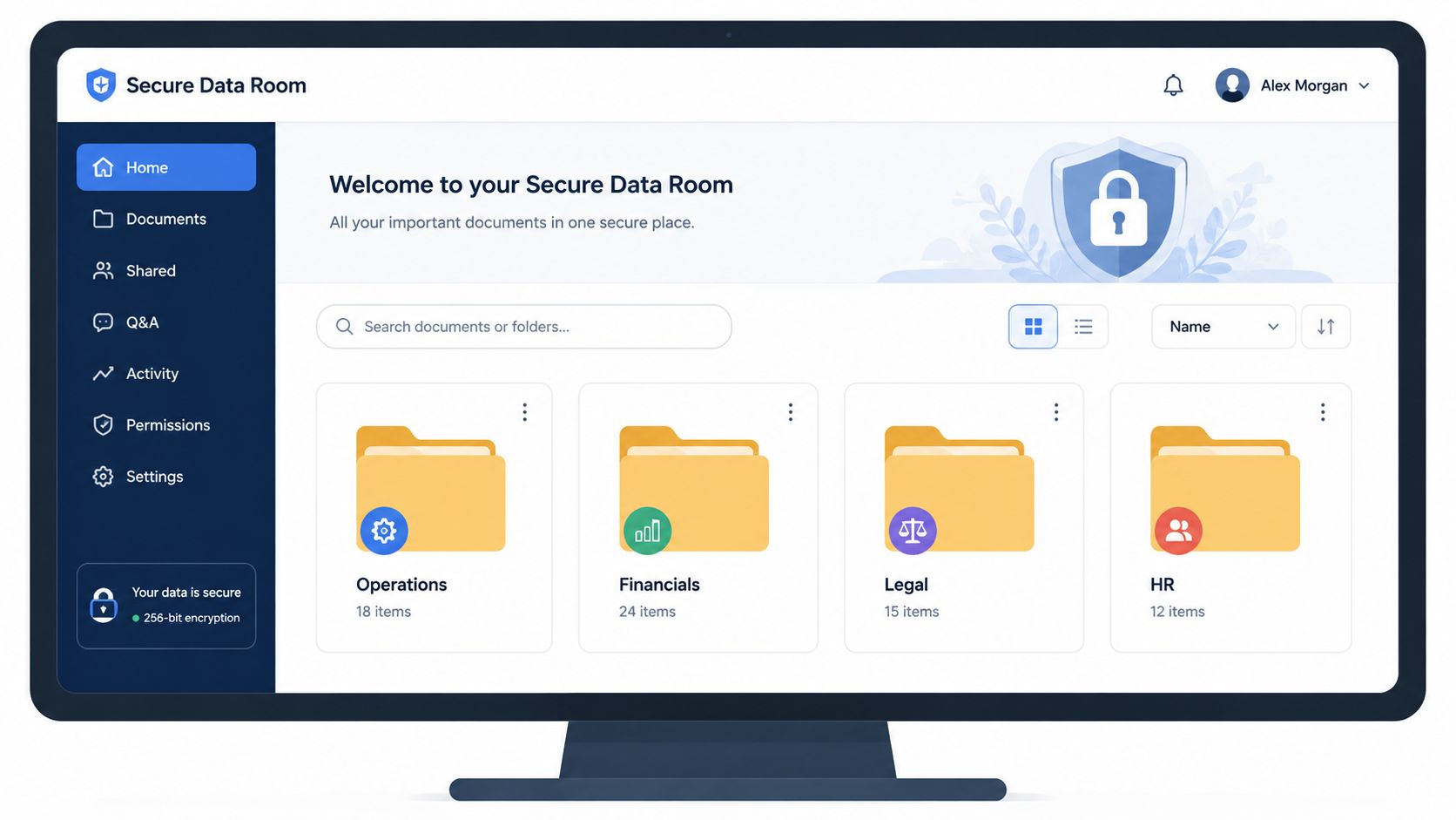 A digital interface of a secure data room dashboard showing various folder categories for business document management.