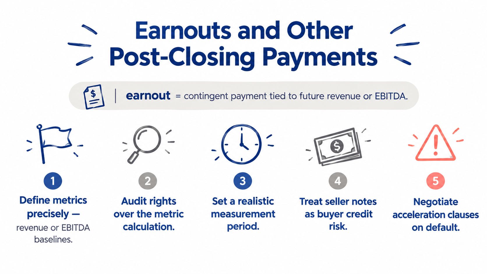 An infographic titled Earnouts and Other Post-Closing Payments explaining five essential steps for negotiating business deal structures.