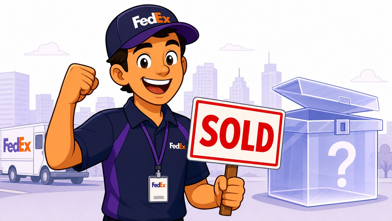 A cheerful FedEx delivery person holding a sold sign in front of a transparent box with a question mark.