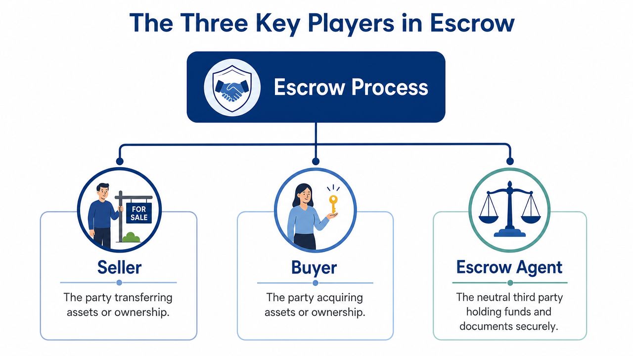 A diagram illustrating the three key participants in an escrow process: the seller, the buyer, and the escrow agent.