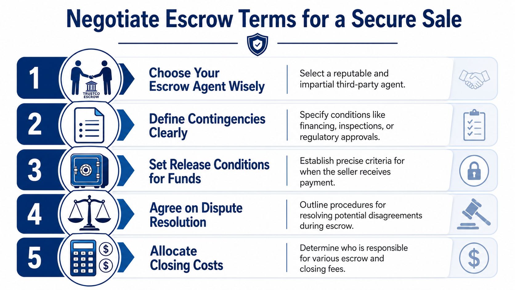 A five-step infographic outlining essential considerations for negotiating escrow terms in a secure business sale transaction.