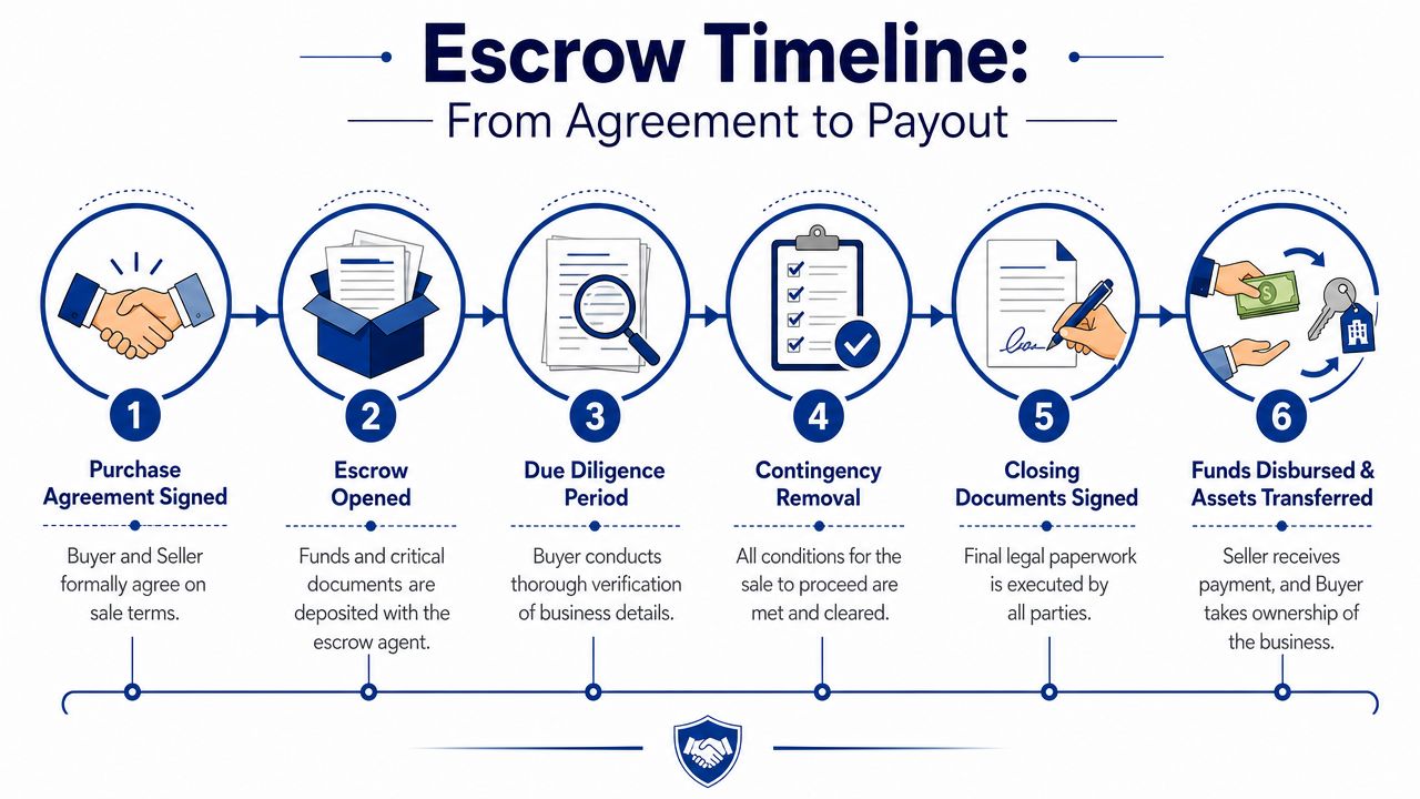 A six-step infographic illustrating the business sale escrow timeline from initial purchase agreement to final funds disbursement.