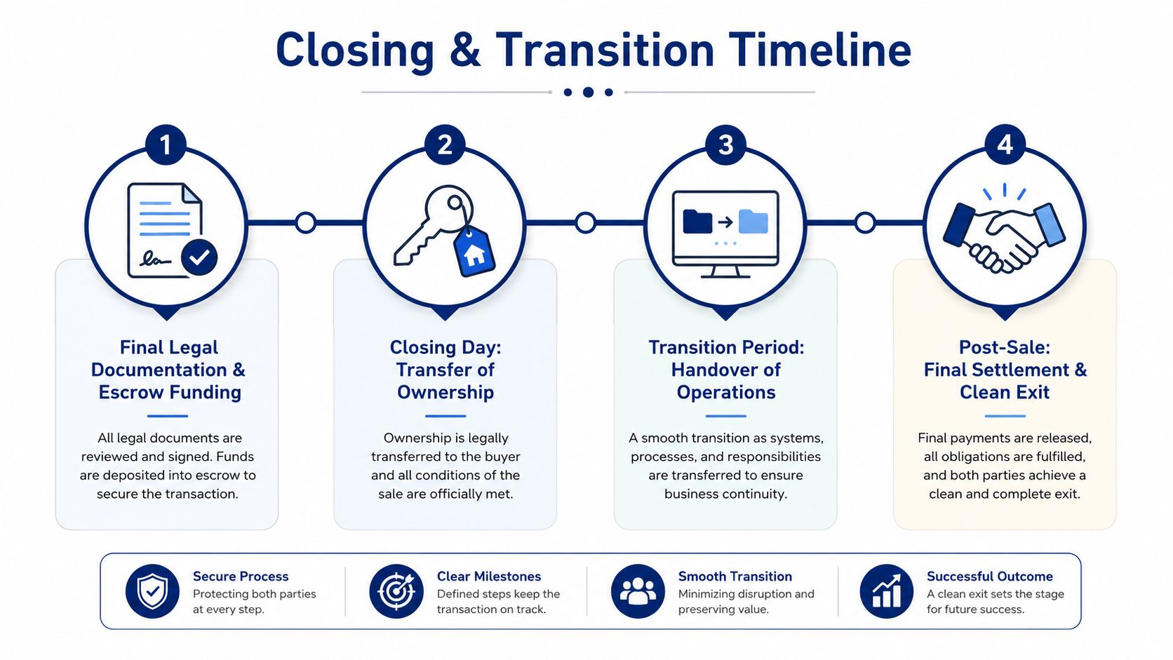A four-step diagram illustrating the professional business sale process, from final documentation to the final clean exit.