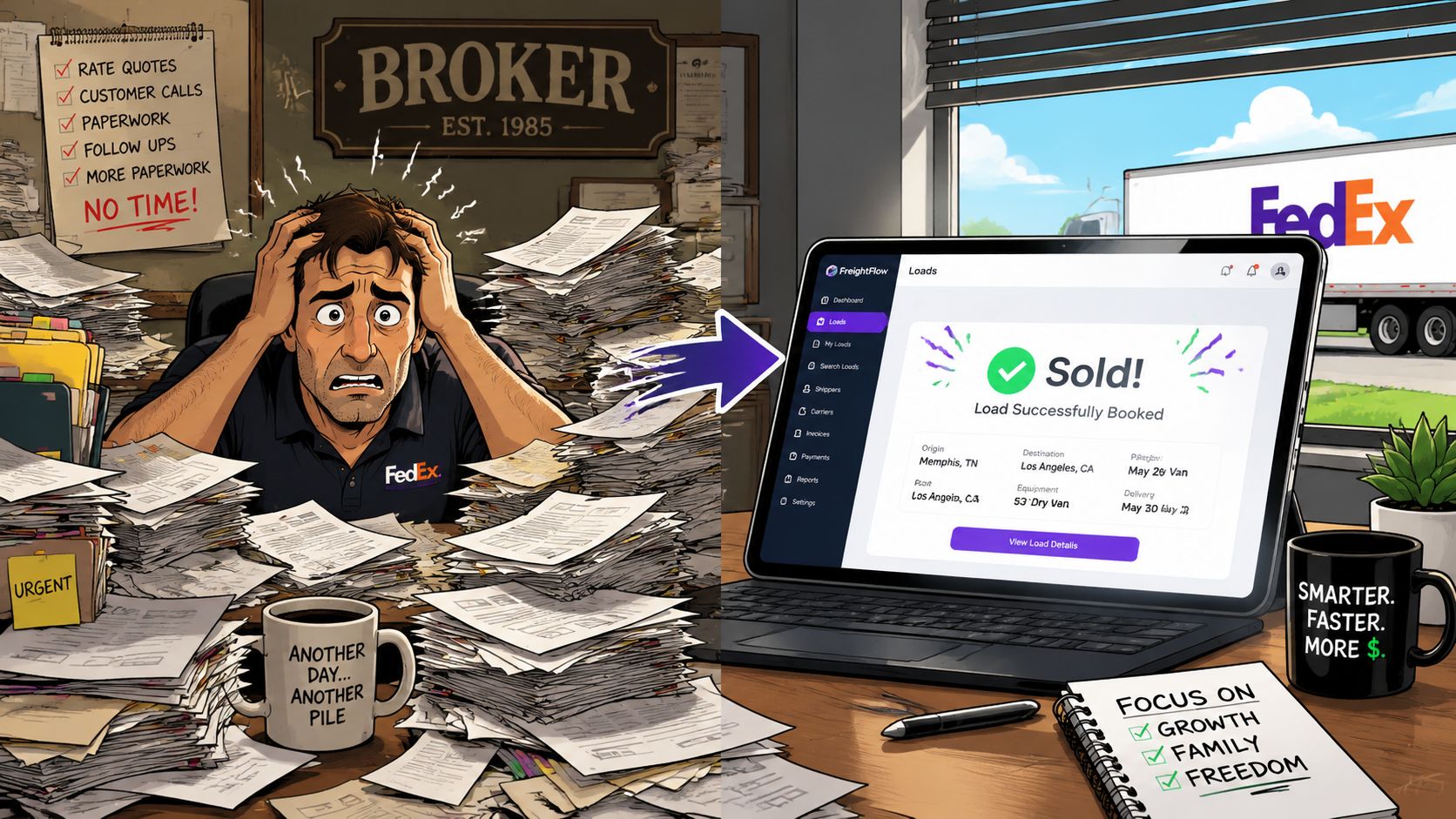 A split image contrasting a stressed freight broker buried in paperwork with a streamlined digital freight management solution.