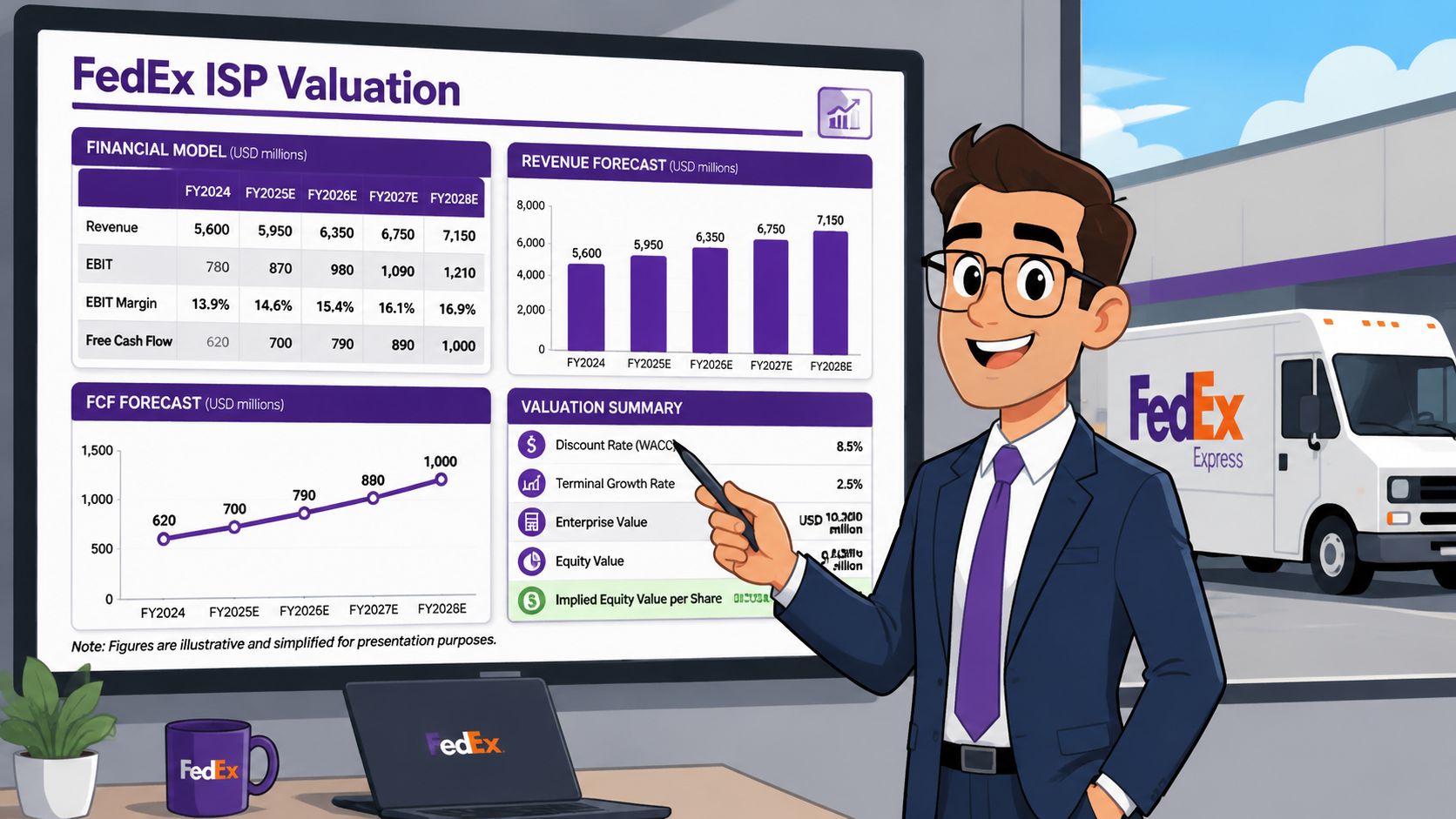 A professional man presenting a financial valuation report for FedEx ISP on a large office screen.