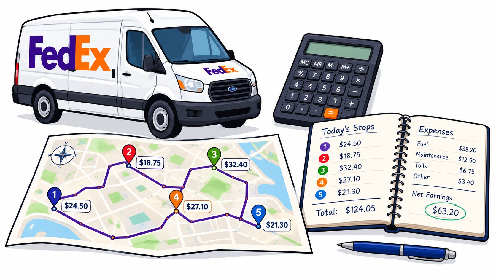 A FedEx delivery van, a calculator, a map with stops, and a notebook showing delivery earnings and expenses.