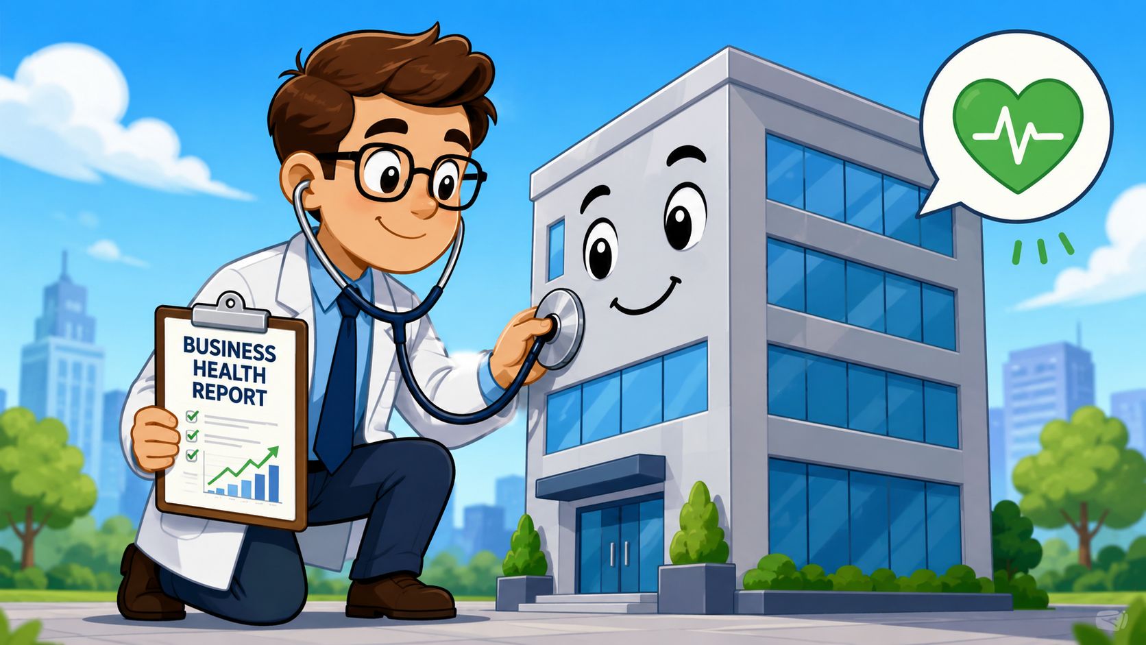 A doctor using a stethoscope to check the health of a smiling cartoon office building illustration.