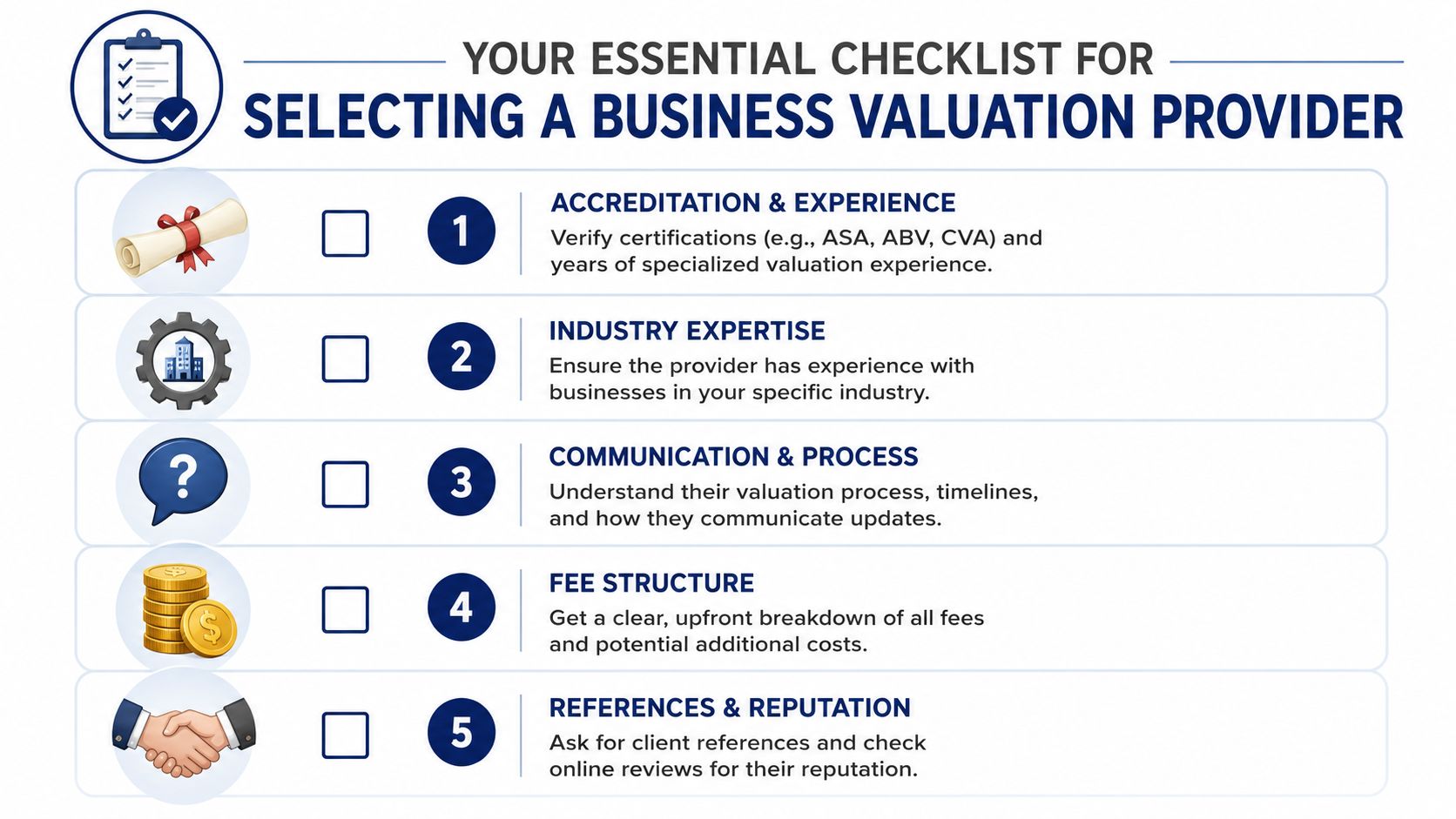 An infographic checklist for selecting a professional business valuation provider featuring five key steps and icons.