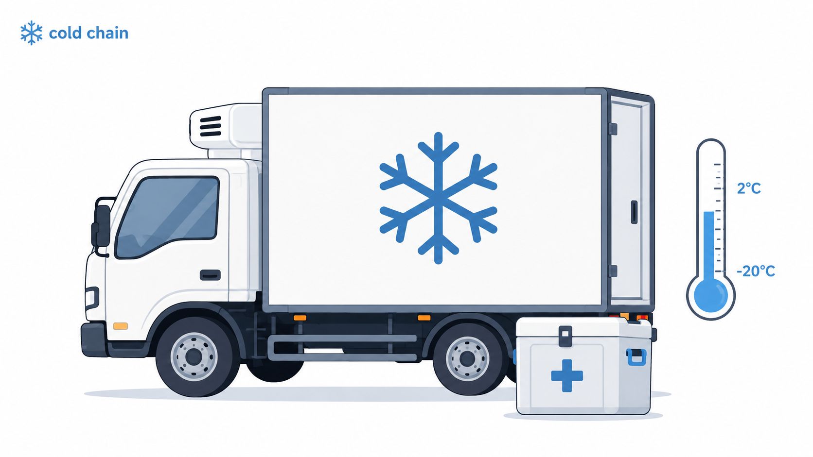 A refrigerated logistics truck with a large snowflake icon and a medical cooler box nearby.