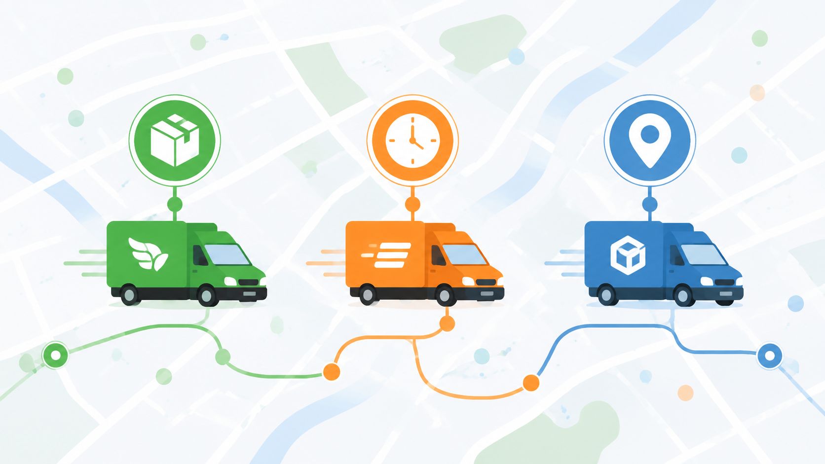 A graphic illustration showing three delivery trucks following a map route with package, clock, and location icons.