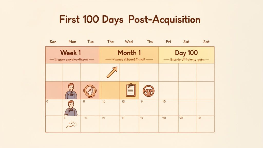 A calendar visualizes the first 100 days post-acquisition, showing key milestones and growth indicators.
